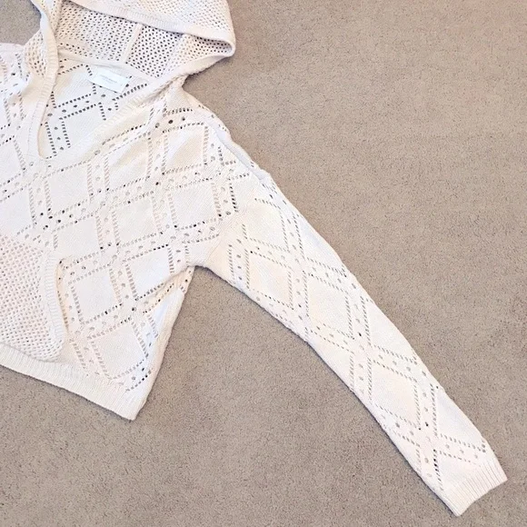 Lucky Brand Crochet Hoodie Cropped Sweater Women Medium Cream Pointelle Pullover - Picture 8 of 13